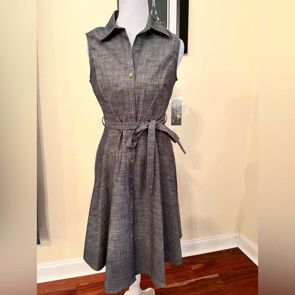 Sharagano Charcoal Button-Down Midi Dress